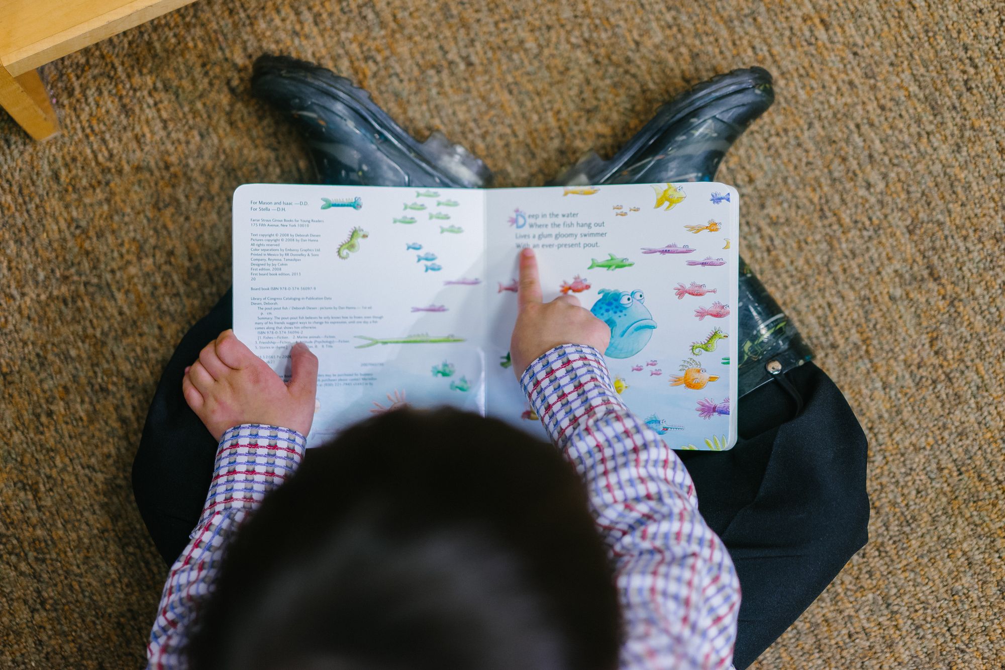 A top-down shot of a kid reading a children's book