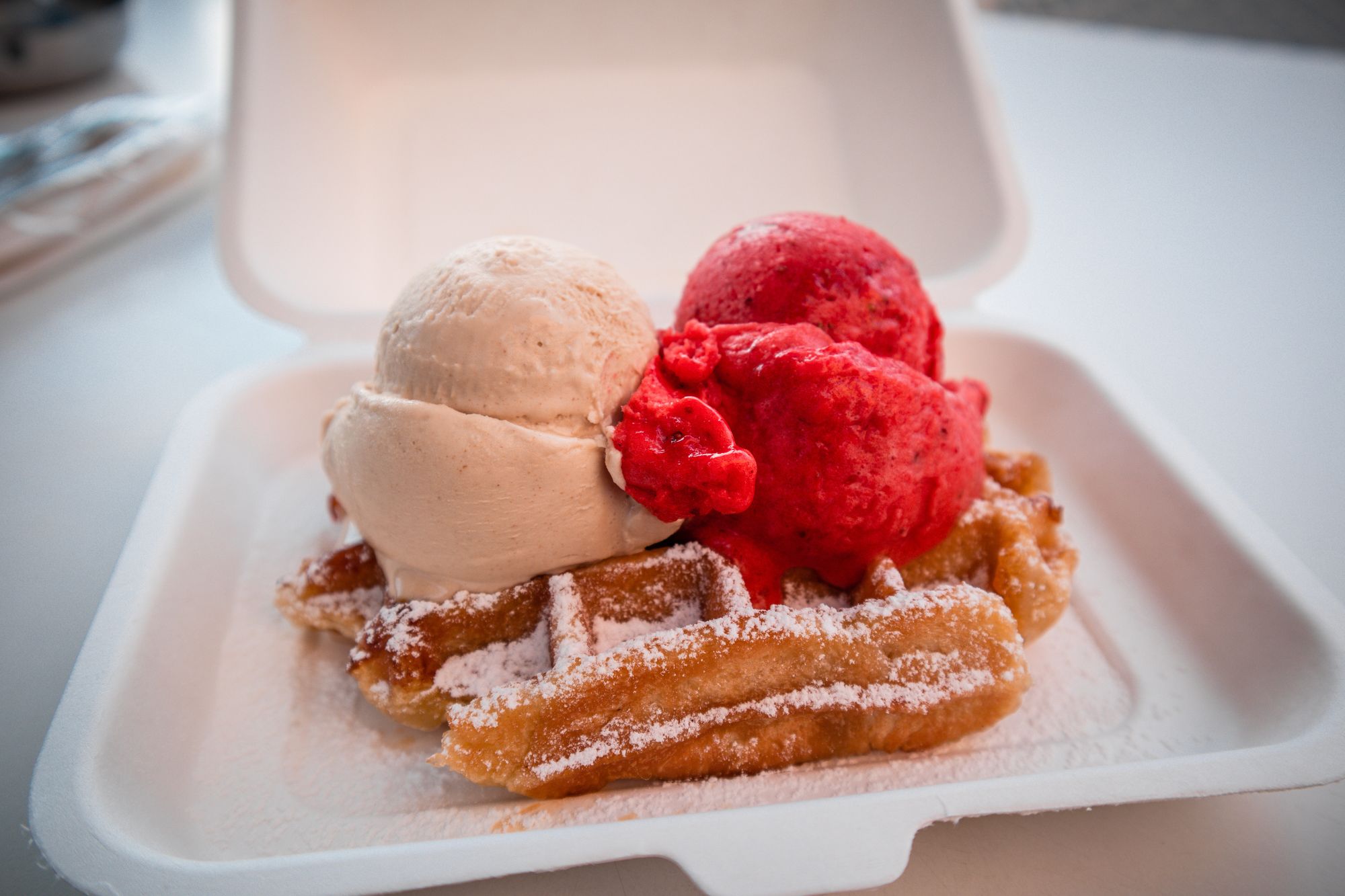 Waffle in a styrofoam container