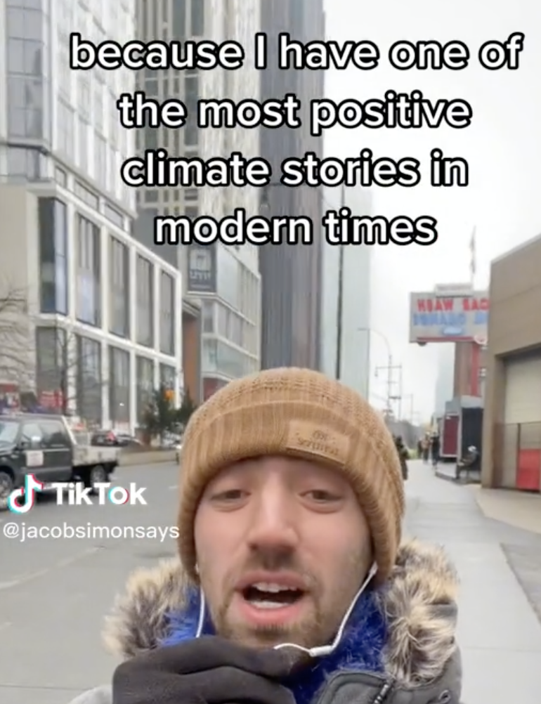 A screenshot of a video saying "I have one of the most positive climate stories in modern times"