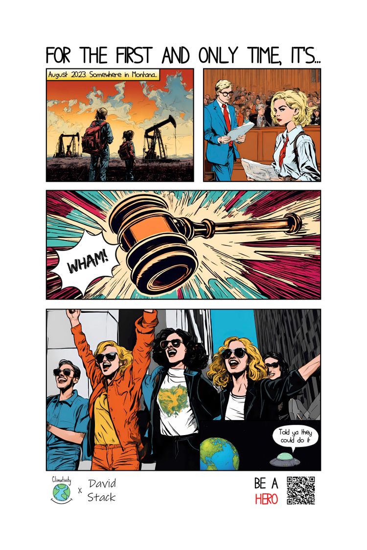 A comic-style art piece depicting the Montana climate lawsuit