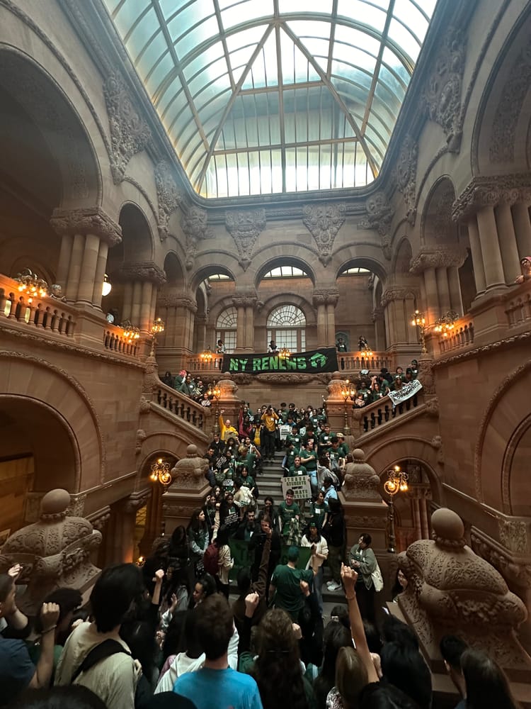 Students with signs in the capital building in Albany, NY